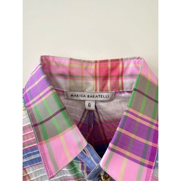 Marisa Baratelli Asymmetrical Pink Green Plaid Pleated Thai Silk Blouse Shirt 6 - Picture 5 of 6